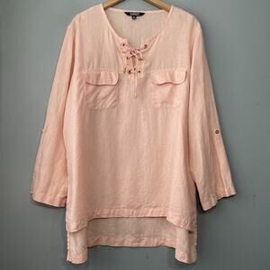 Company Size XL Peach Champagne 100% Linen Lace Up Tunic Top Resort Old Money